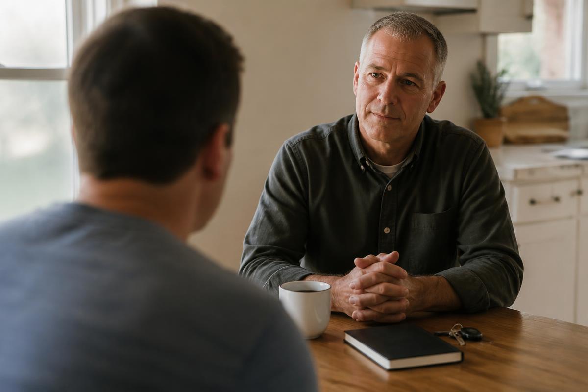 Two people sitting at a kitchen table in a calm, private conversation, representing listening and putting the homeowner first