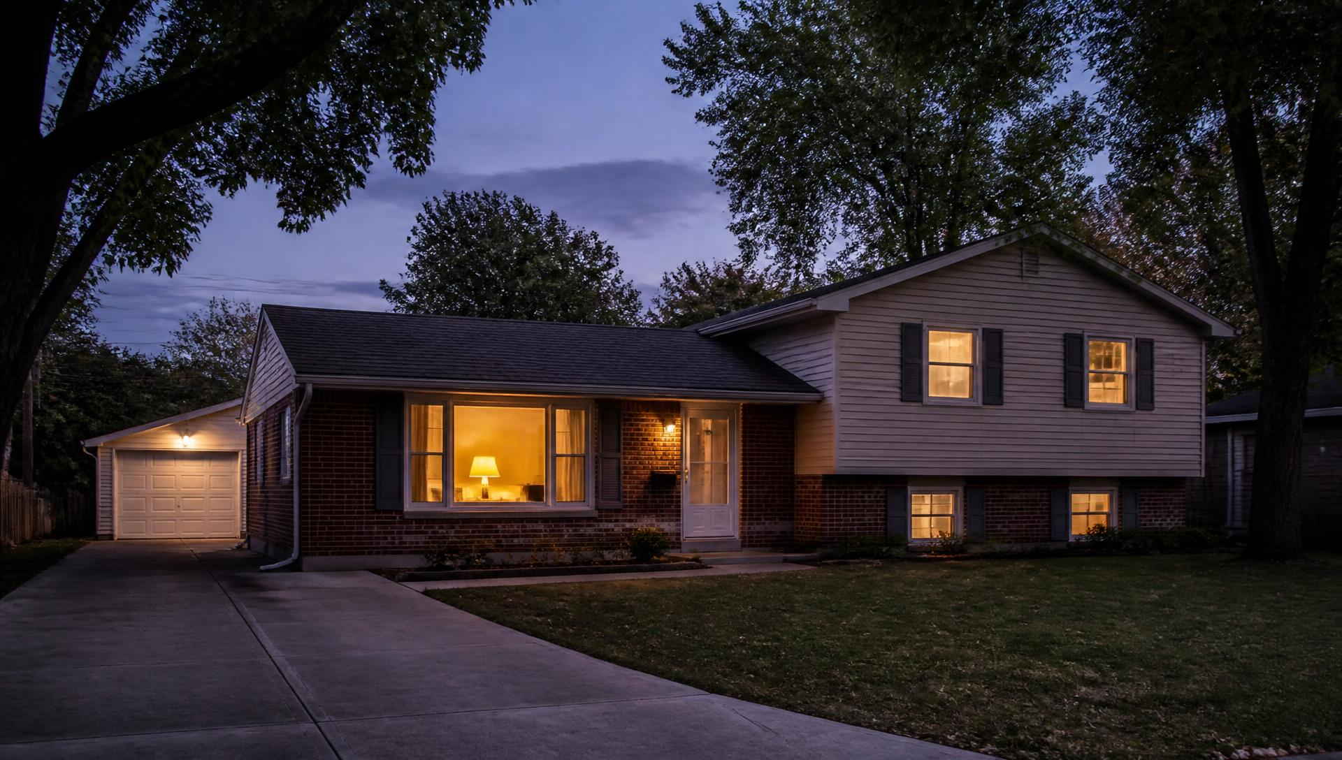 A modest suburban home in Kane, Kendall, or DuPage County at dusk with warm interior lights on, representing a homeowner who may be facing tax or foreclosure stress